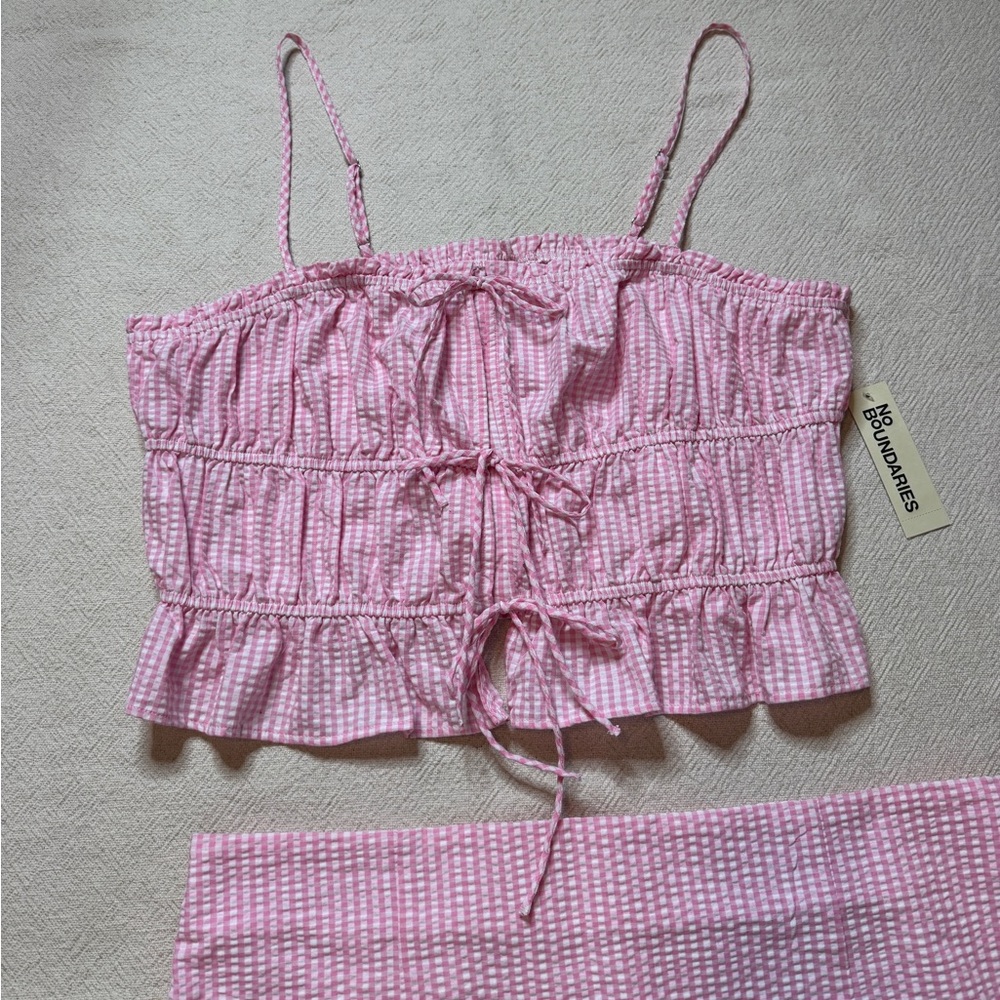 NEW No Boundaries Pink Seersucker Gingham Tie Front Cami Top Mini Skirt Set XXL - Picture 4 of 8
